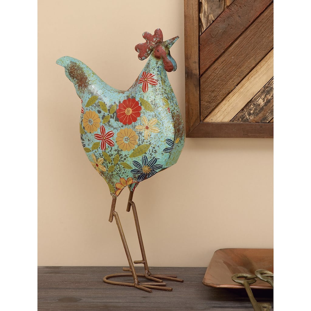 Green or Cream Metal Indoor Outdoor Distressed Standing Rooster Garden Sculpture with U Shaped Feet