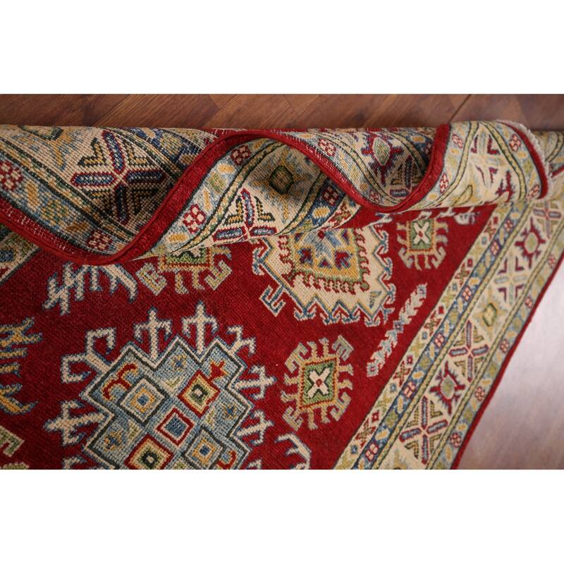 Red Geometric Kazak Foyer Rug Handmade Wool Carpet - 3'3" x 5'0"