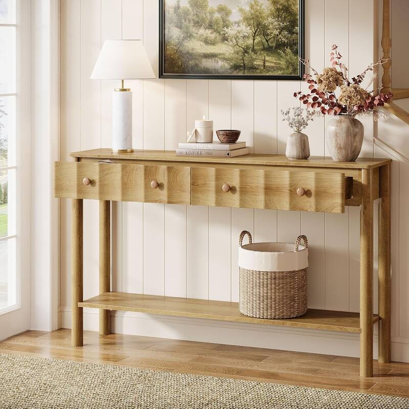 Console Tables for Entryway, 55-Inch Modern Sofa Table with 2 Drawers, Open Shelf - 55.11" L x 13.7" W x 35.43" H - Light Oak