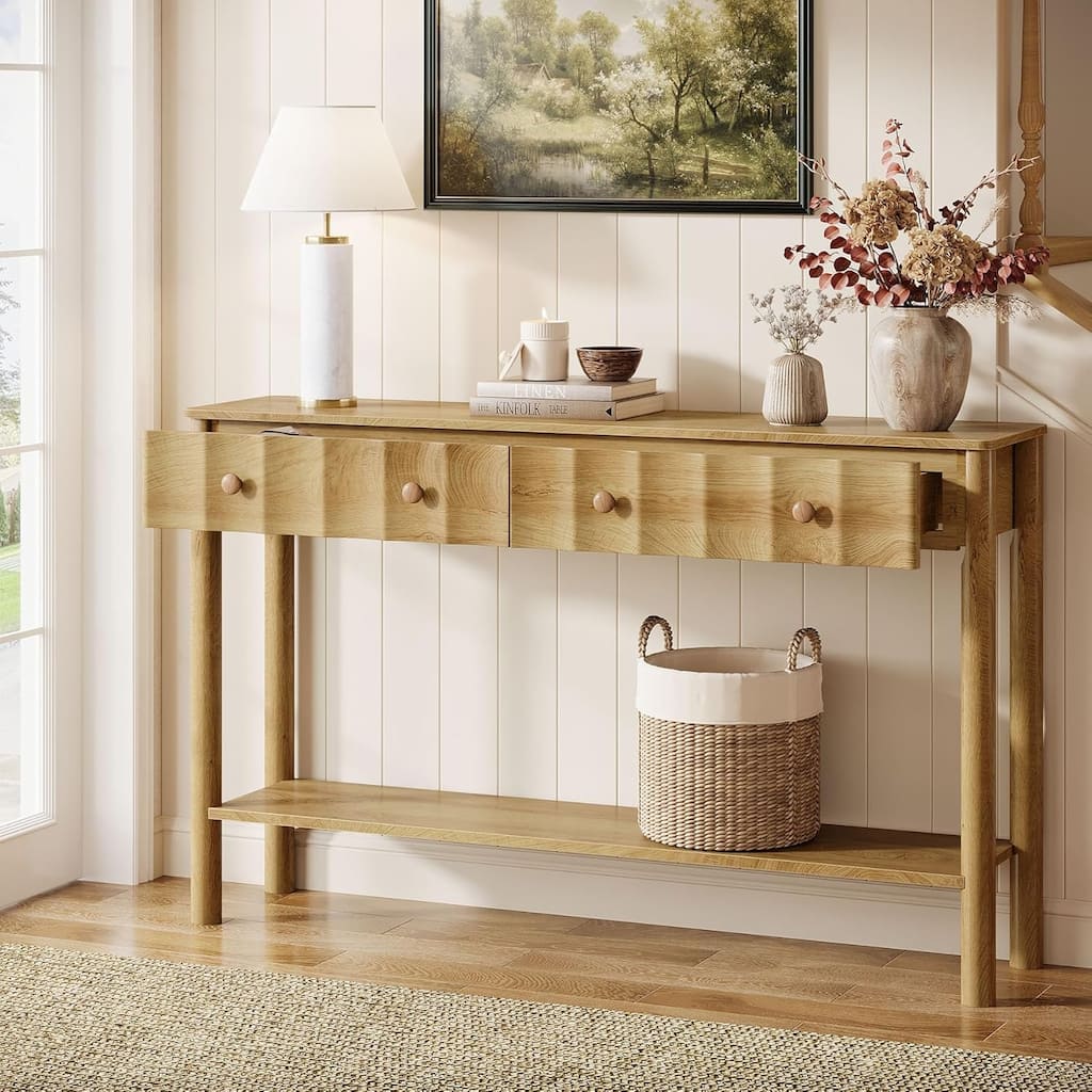 Console Tables for Entryway, 55-Inch Modern Sofa Table with 2 Drawers, Open Shelf - 55.11" L x 13.7" W x 35.43" H