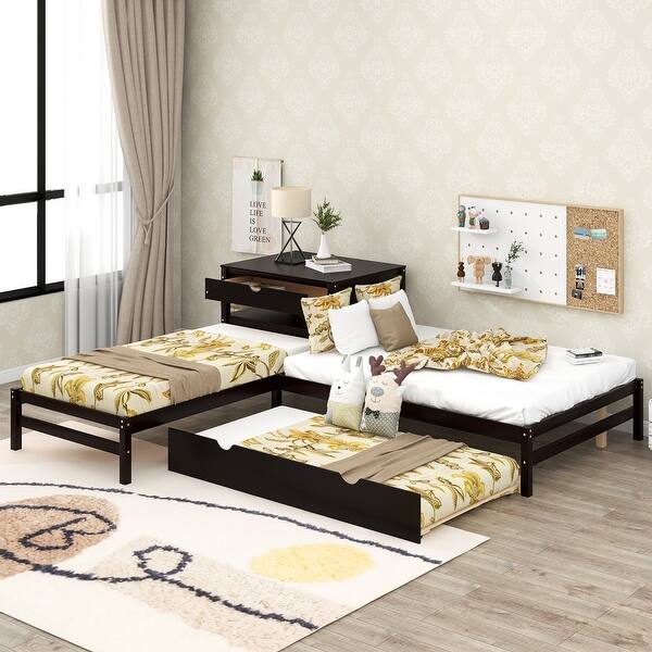 slide 2 of 9, Full Size L-shaped Platform Beds with Drawers Linked with Built-in Rectangle Table and Twin Size Trundle. Brown