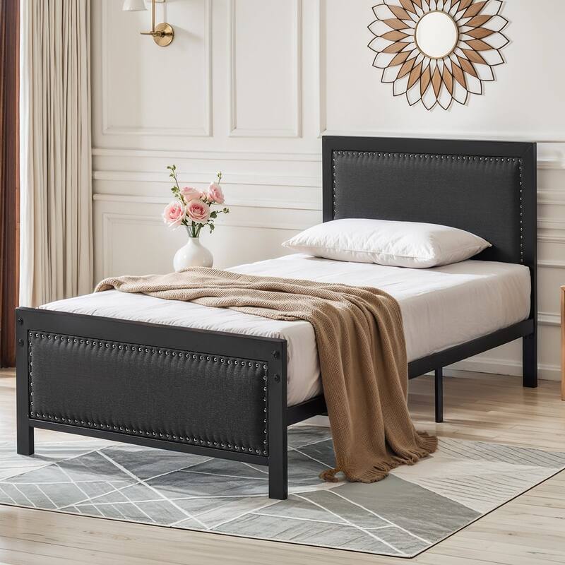 2 Pack Twin Upholstered Bed Set 40" Wide Bed with Nailhead Trim 12.6" Underbed Space & Padded Headboard Footboard