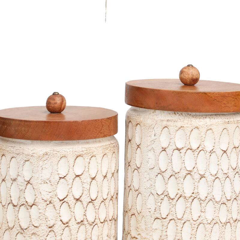 Paper Mache Geometric Handmade Carved Spotted Canisters with Brown Removable Lids - Set of 3 Cream - Roche River Decor