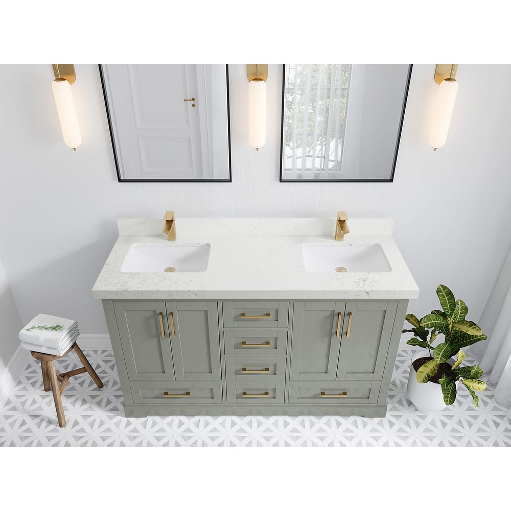 Willow Collection 60 in W x 22 in D x 36 in H Boston Double Bowl Sink Bathroom Vanity with Countertop