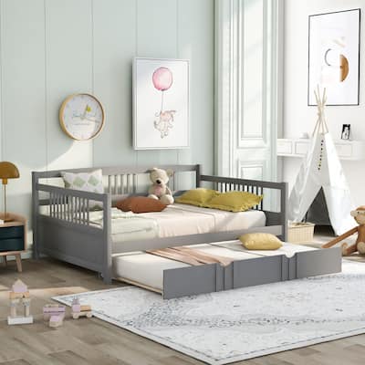 Full Size Wooden Daybed Frame with Twin Trundle and Rails, Solid Pine Wood Bed Convertible Lounge Sleeper Sofa Bed