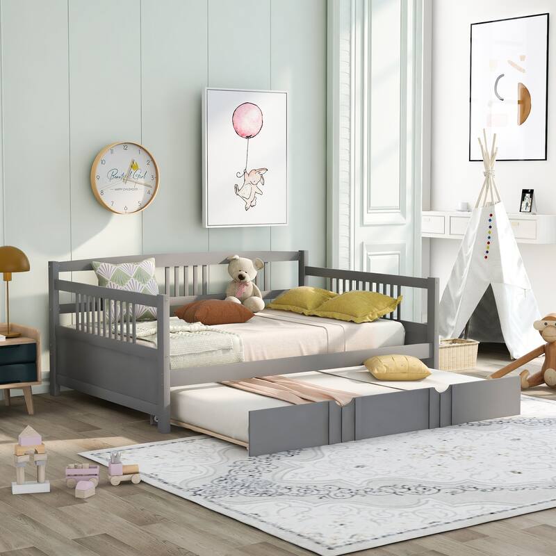 Pine Wood Daybed Frame with Twin Size Trundle, Headboard and Footboard - Gray - Full