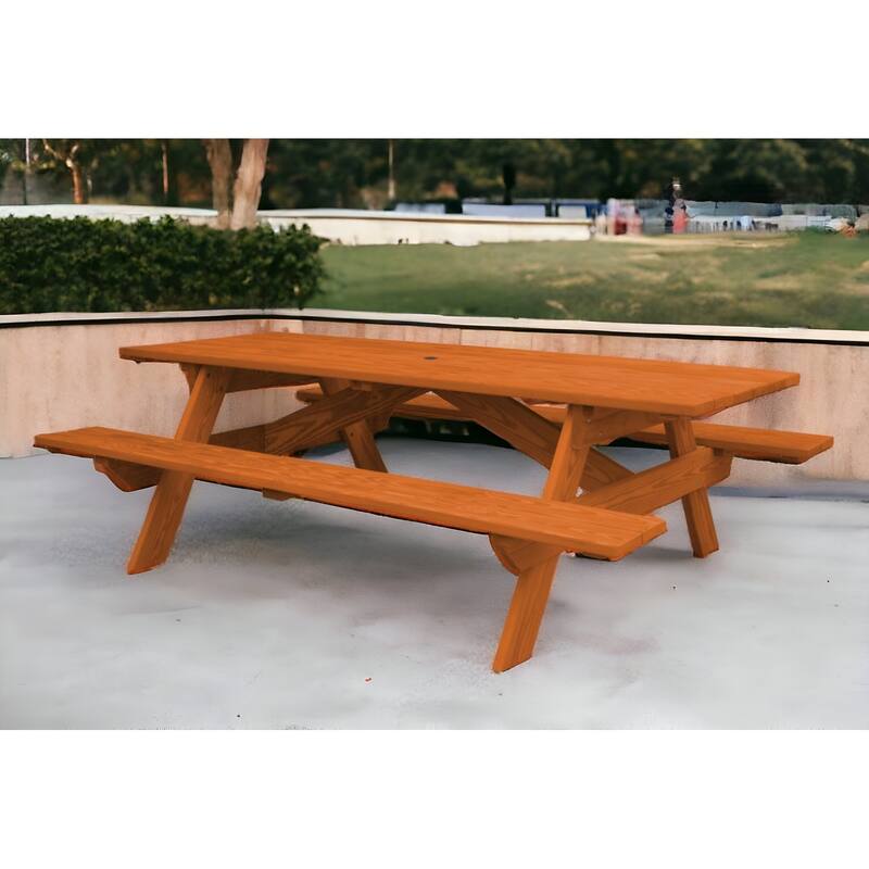 HomeRoots 94" Redwood Solid Wood Outdoor Picnic Table with Umbrella Hole - Redwood