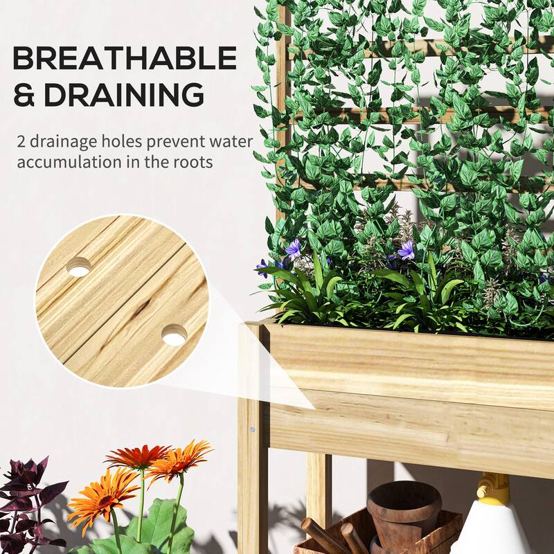 Outsunny Wooden Raised Garden Bed w/ Trellis, Elevated Planter Box w/ Storage Shelf, Drainage Holes & Liner, Outdoor Flower Box