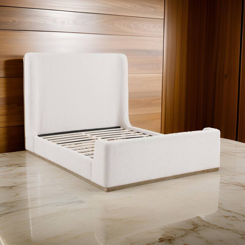 Ale Queen Size Platform Bed, Round Wingback Headboard, Ivory Upholstery