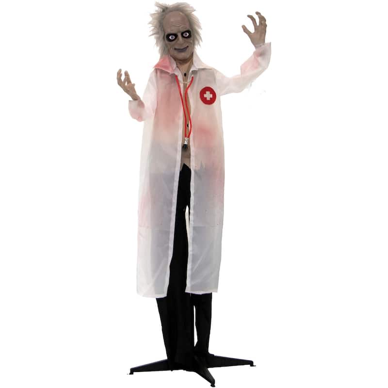 Haunted Hill Farm 5.4-Ft. Animatronic Doctor, Indoor/Covered Outdoor Halloween Decoration, Red LED Eyes, Laughing