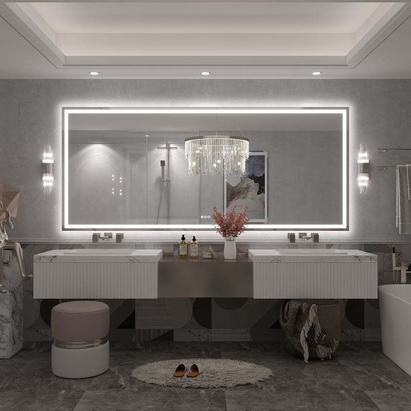 Large LED Bathroom mirror Tempered Glass Dimmable Anti-Fog Vanity Mirror