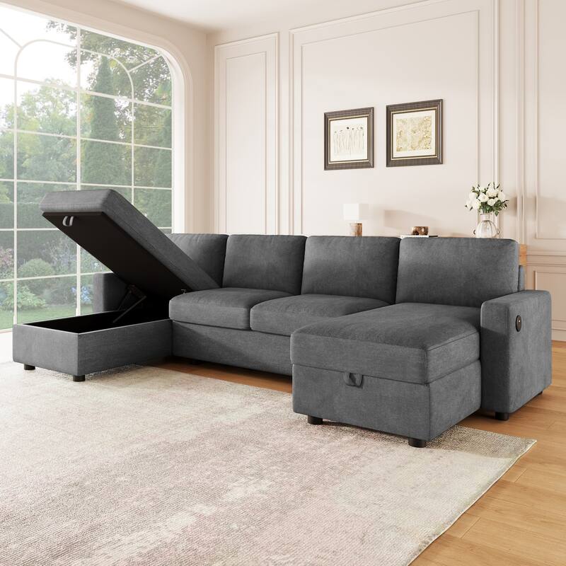 103.9" U-shaped Dark Gray Convertible Sofa with Storage Chaise & USB Ports, Polyester