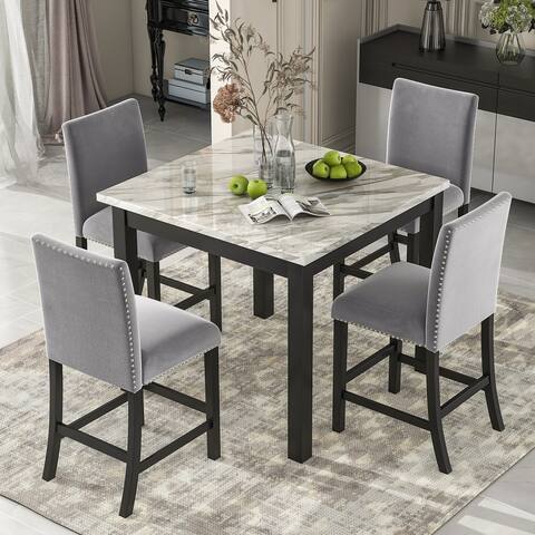 5-piece Counter Height Dining Table Set with Faux Marble Dining Table