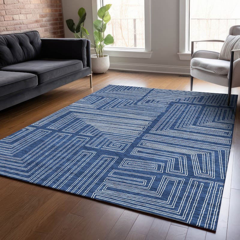 Machine Washable Indoor/ Outdoor Contemporary Stack Chantille Rug - Navy - 3' x 5'