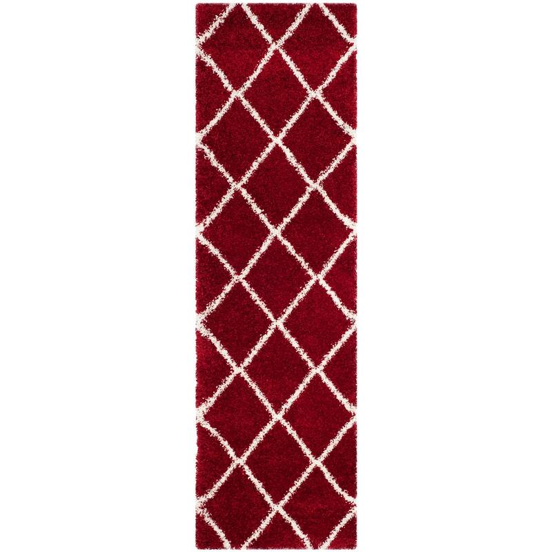SAFAVIEH Hudson Shag Estella Diamond Trellis 2-inch Thick Rug - 2'3" x 14' Runner - Red/Ivory