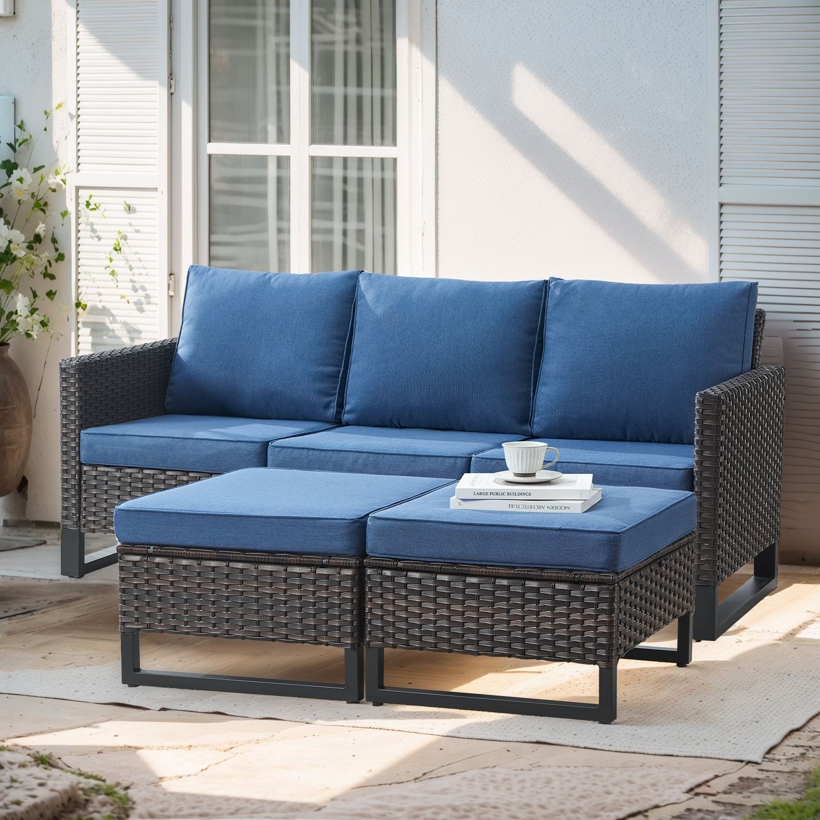 3 Pieces Outdoor Wicker Sofa with Ottomans Brown - Blue