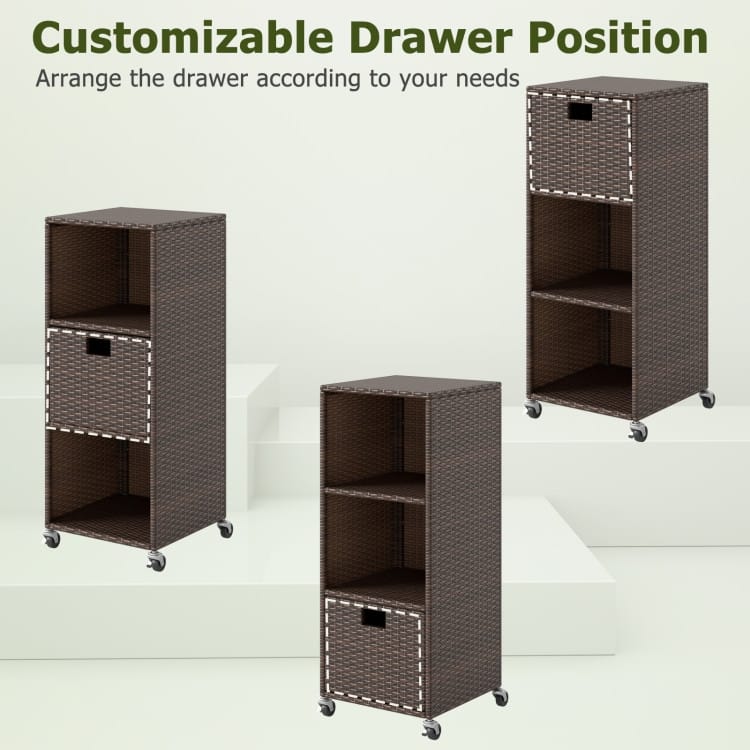 Mix Brown PE Rattan Outdoor Storage Cabinet with Metal Frame and Wheels - 16" x 16" x 39.5"