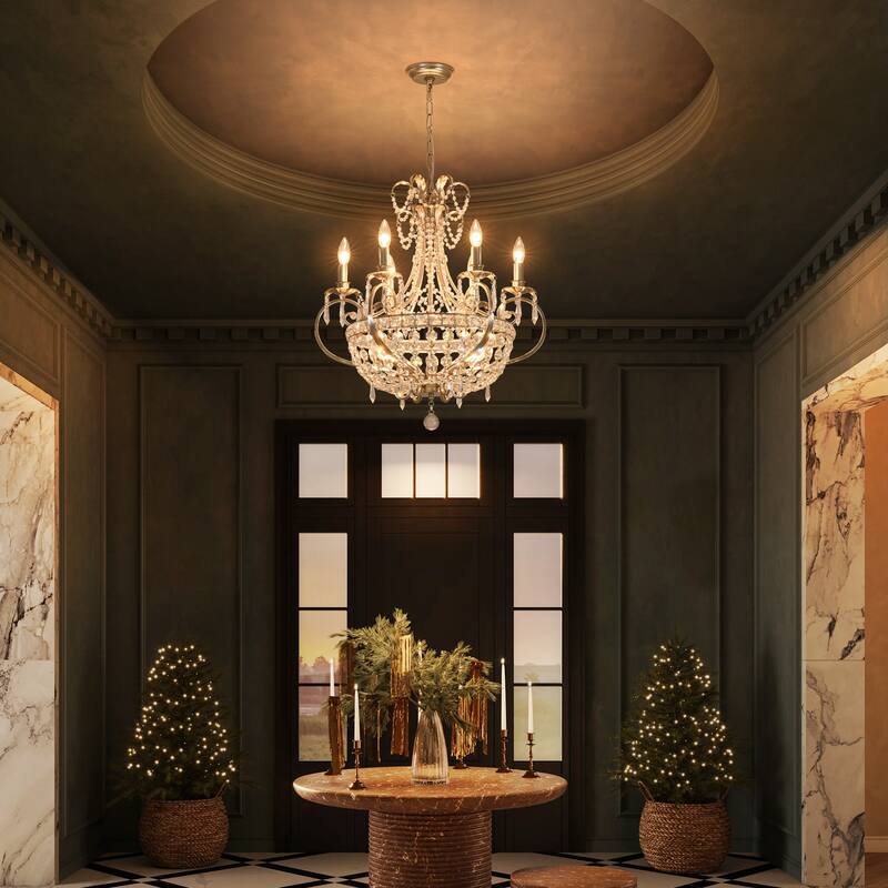 9-Light 24.4" W Crystal Chandelier in Antiqued Brushed Silver with Teardrop Pendants for Use in Living & Dining Room