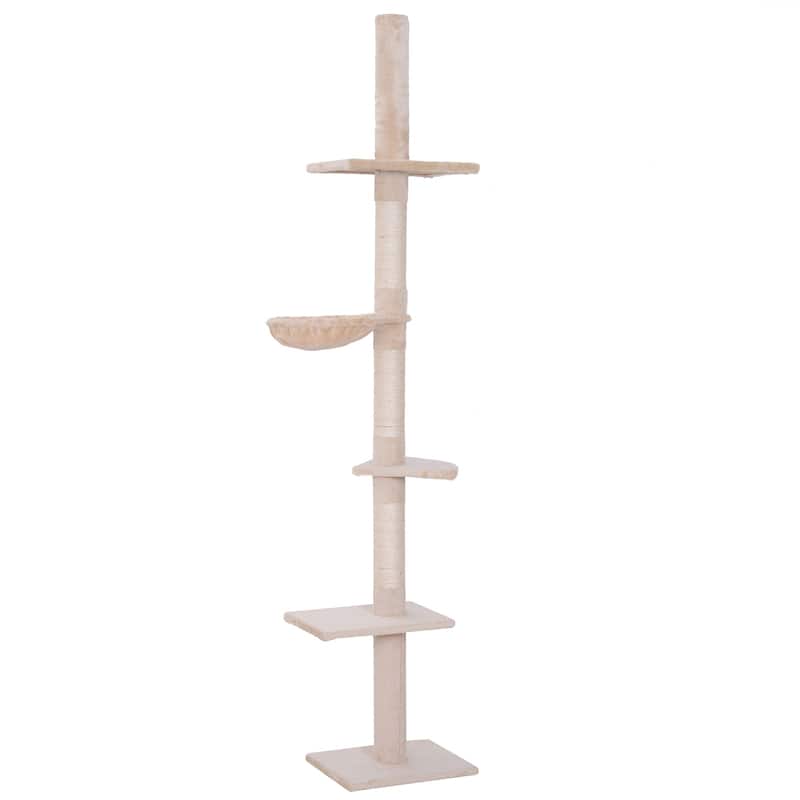 PawHut 8.5' Adjustable Height Floor-To-Ceiling Vertical Cat Tree with 5 Carpeted Platforms & 3 Sisal Rope Scratching Areas - Beige