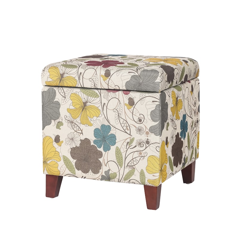Adeco Floral Printed Linen Cube Storage Ottoman Footrest Footstool - Multi