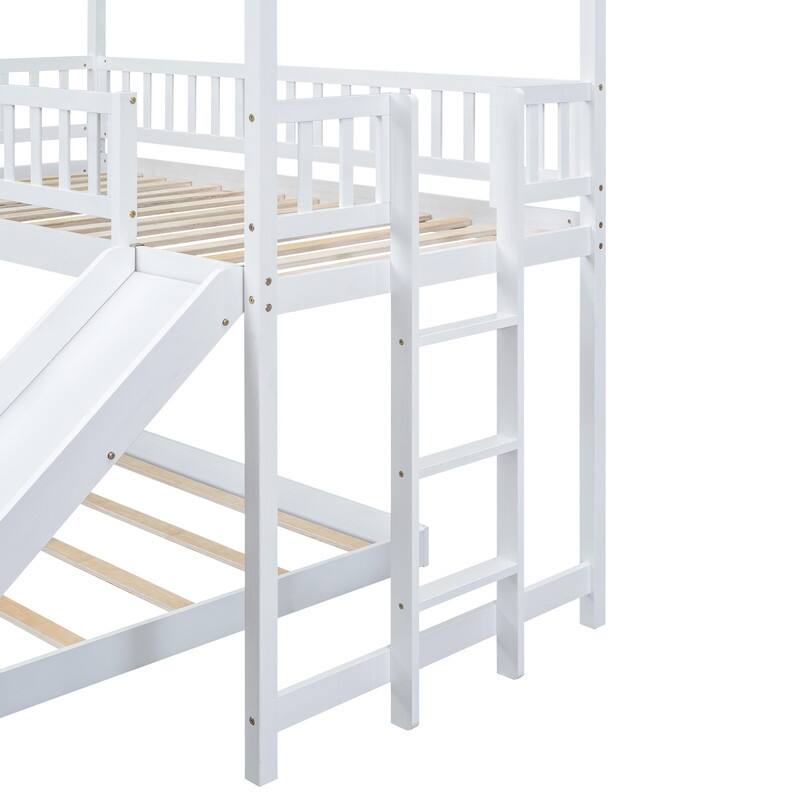 Twin over Full House Bunk Bed with Slide and Full-Length Guardrail