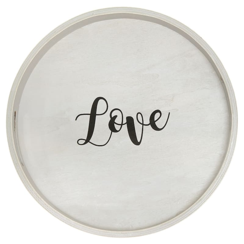 HomeRoots 14" Gray And Black Love Round Serving Tray With Handles - 13.75 in. x 1.65 in. x 13.75 in.