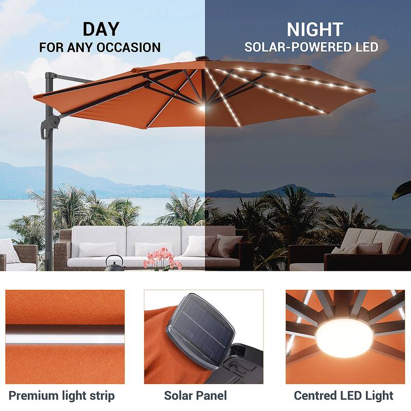 LIVOOSUN 11FT LED Patio Cantilever Umbrella w/Cross Base
