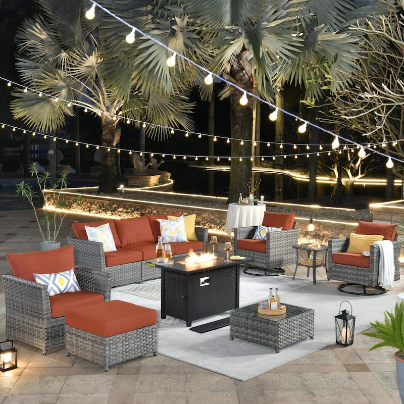 XIZZI 10-piece Patio Wicker Furniture Set with Fire Pit - Red/Orange
