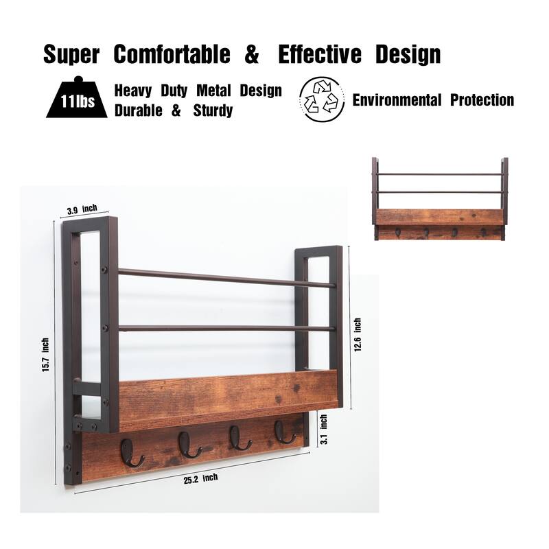 JJS Wall Mounted Floating Shelf with Coat Hooks & Key Holder Space-Saving Storage Rack for Books, Coats & Entryway Essentials