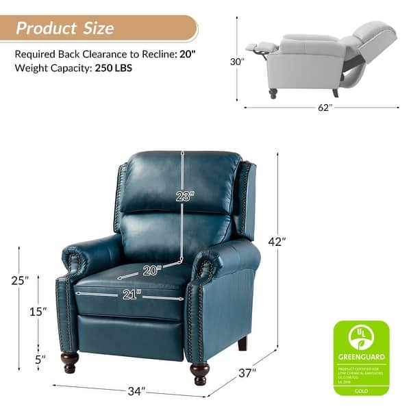 dimension image slide 3 of 10, HULALA HOME Gabriela Mid-Century Modern Genuine Leather Recliner with Tapered Block Solid Wood Feet