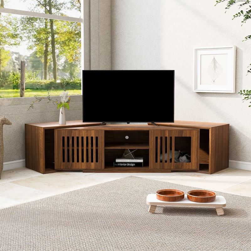 Anmytek Extendable TV Stand with Cat Cave Pet Friendly Media Console Adjustable Wooden Modern Living Room Storage