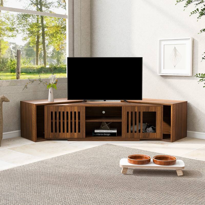TV Stand with Slatted Doors, Cat-Friendly Private Compartments, Wood Media Console with Adjustable Length