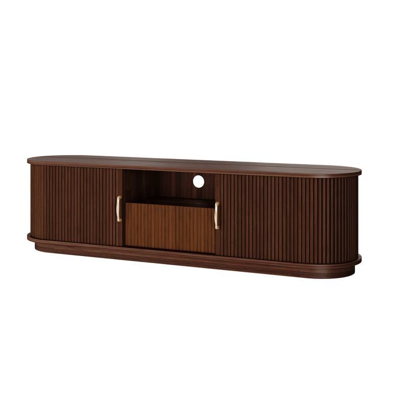 Vintage TV Stand with Sliding Wood Slatted Doors for TVs up to 75", with Drawer, Wood Grain Media Console with Cable Management