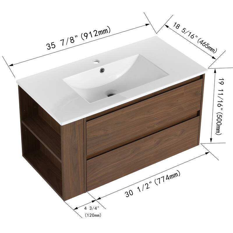 36 inch Plywood Wall Mounting Bathroom Vanity Set in Brown Oak with Integrated Ceramic Sink