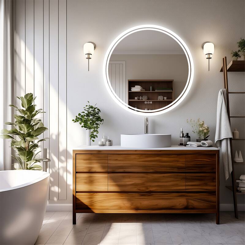 23.6''x23.6'' Round Intelligent Bathroom Wall Mirror w/Demister Led Light