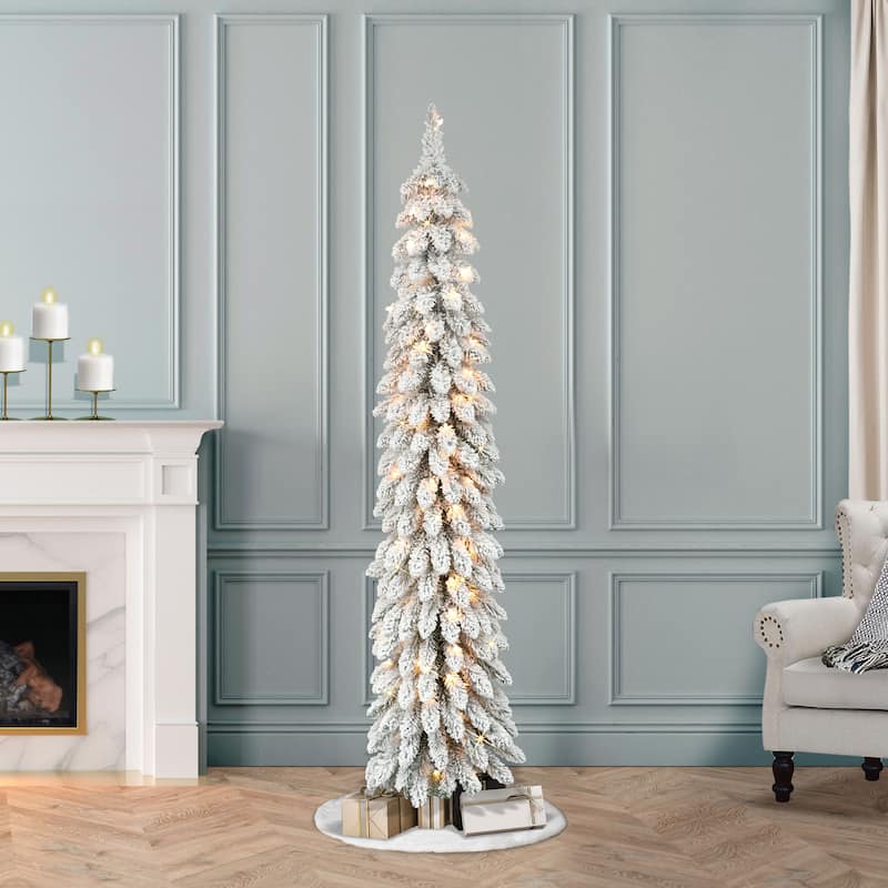 Puleo International 6' Pre-Lit Flocked Alpine Pencil Artificial Christmas Tree - 6