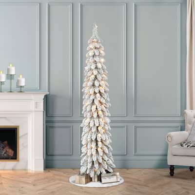 Puleo International 6' Pre-Lit Flocked Alpine Pencil Artificial Christmas Tree - 6