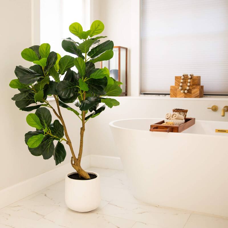 4-ft Artificial Lush Fiddle Leaf Tree in Decorative White Planter - Green