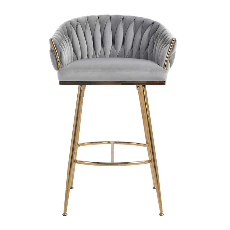 26''Counter Height Bar Stools Velvet Kitchen Island Counter Bar Stool With Hand- Wave Back,Golden Chromed Base And Footrest