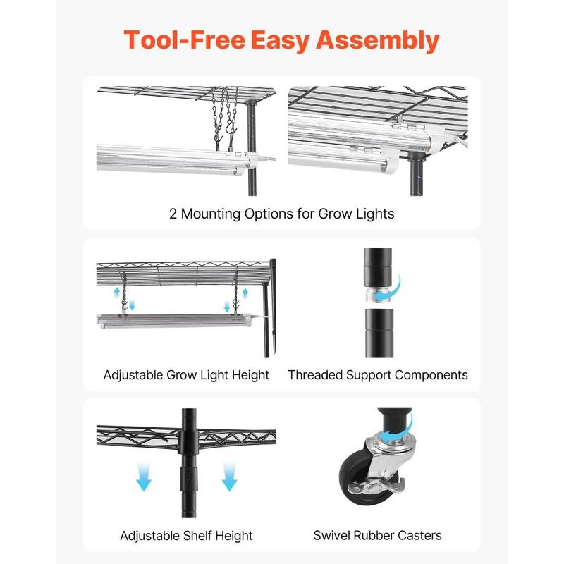 Black Metal 6-Tier Indoor Plant Stand with 8 Cold LED Grow Lights and DIY Shelves - 29.53 x 13.78 x 70.87 in/