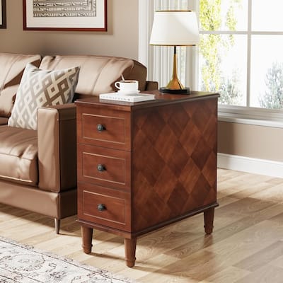 11.81" Solid Wood Narrow End Table, Fully Assembled 3-Drawer Nightstand, Slim Bedside Table, Brown Pre-Assembled Side Table