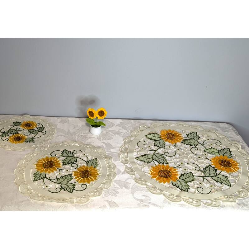 Sunflower Embroidered Cutwork Round Placemat, 12"