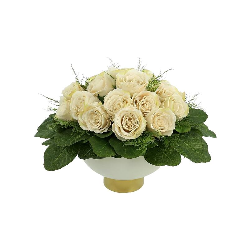 Rose Arrangement with Fern and Leaves - White, Green
