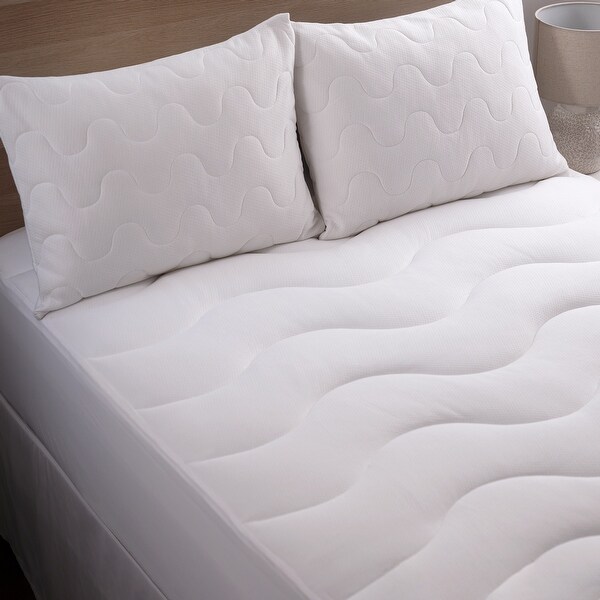 EXTRA THICK WAVE QUILTED PATTERN MATTRESS PAD BEDDING FITTED SKIRT IN 4 SIZES 