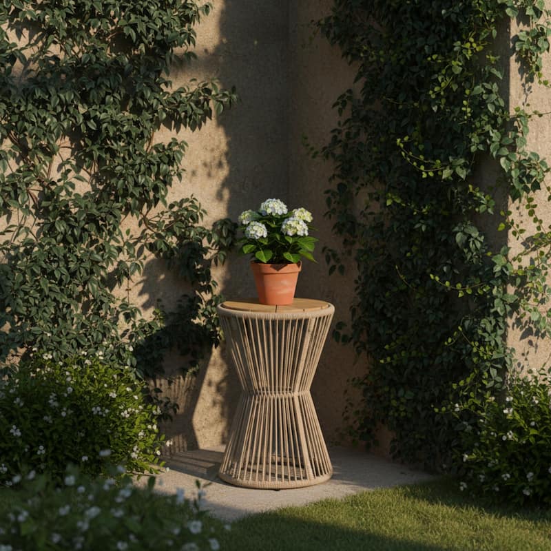 Roomfitters 25.8" Outdoor Side Table Modern Woven Rope Hourglass Patio Accent Table with Teak Wood Finish Top