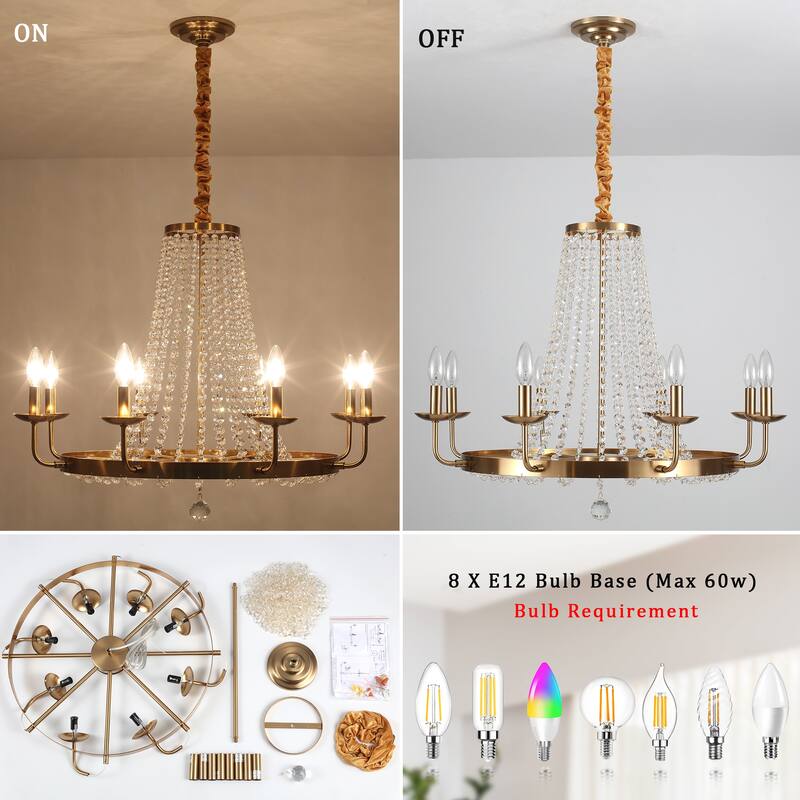 8-Light Dimmable Wagon Wheel Chandelier with no bulbs included, Crystal Chandelier for Kitchen Island Dining Room