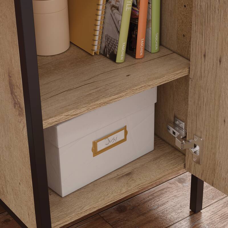 Wood Industrial Desk with Large Work Surface and Side Cabinet