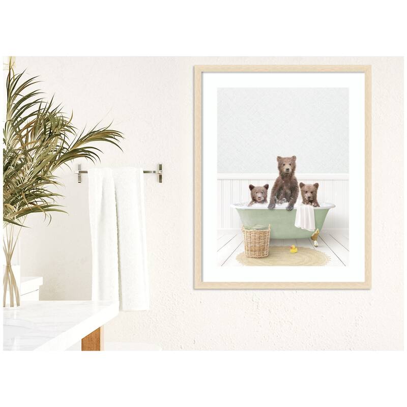 Kate and Laurel Three Bear Cubs in Cottage Green Bath by Amy Peterson Framed Wall Art Print