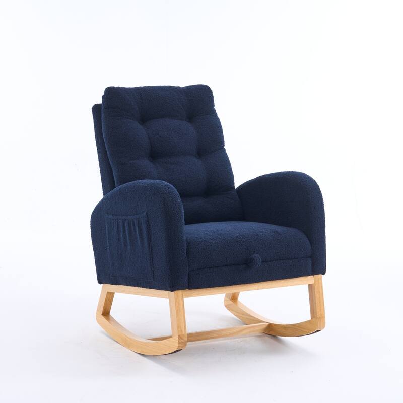 Accent Rocking Chair with Footrest & Storage Pocket, High-Back Rocker, Rubber Wood Lounge Chair
