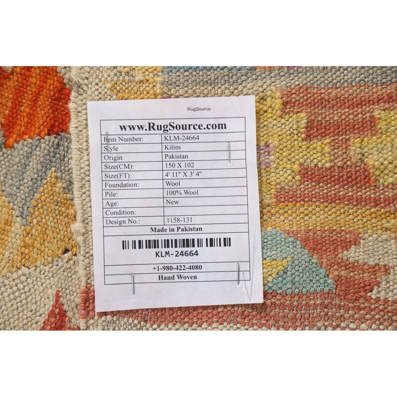 Multicolor Kilim Area Rug Reversible Flatweave Wool Carpet - 3'4"x 4'11"